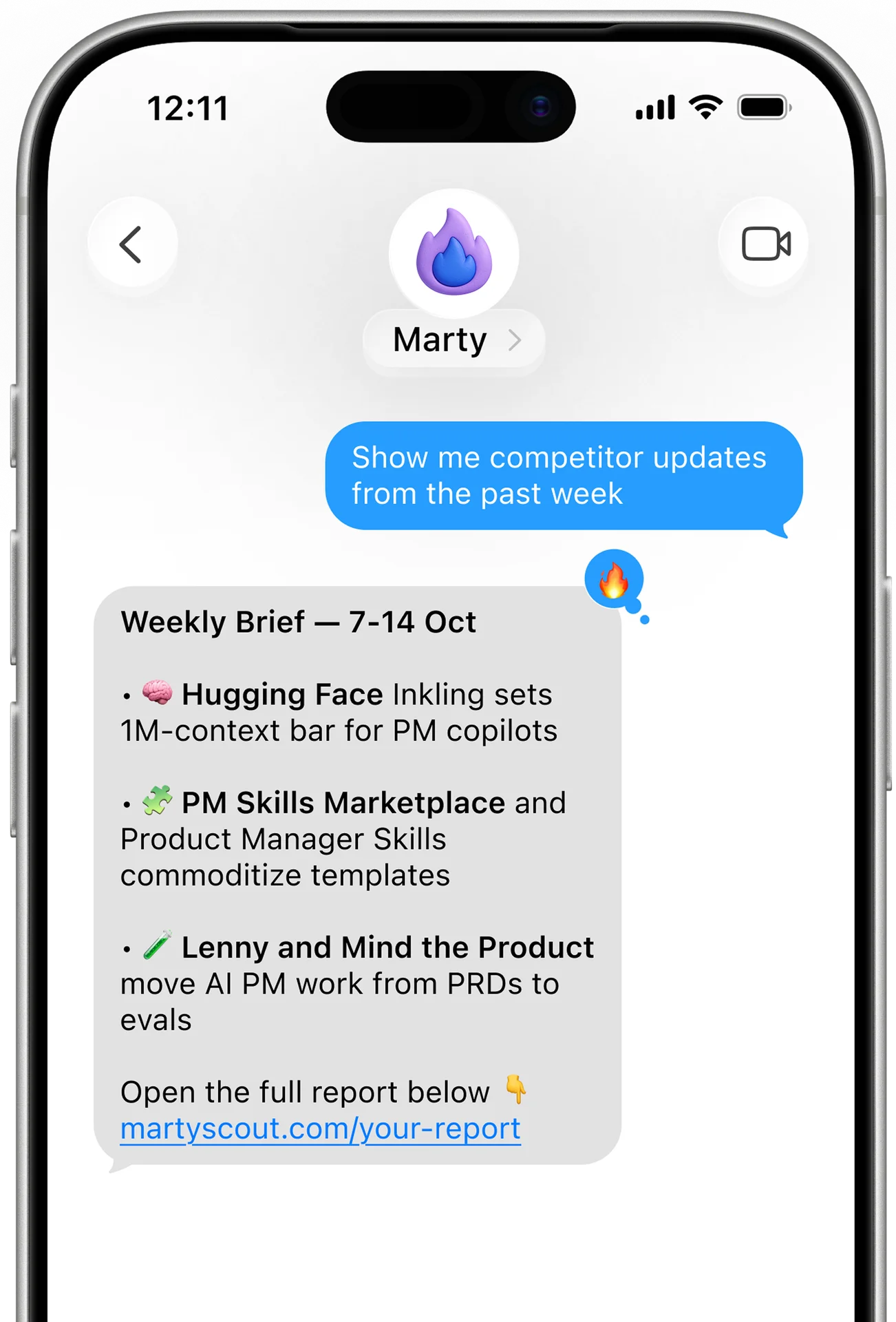 Marty Scout weekly competitor brief in iMessage
